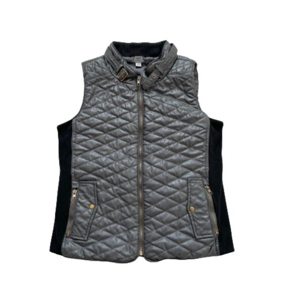 Poof Quilted Vest Deep Gray Faux Leather Quilted Knit Side Panel Pockets Small - Picture 1 of 11